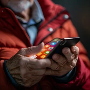 About 1 Close-up of senior hands holding a smartphone, representing accessibility and modern tech for the elderly